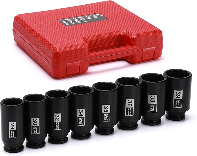 EMENTOL 8PCS 1/2" Drive Deep Spindle Axle Nut Impact Socket Set, CR-MO, 12 Point, Metric, Deep Socket Impact Socket Set-29,30 32, 34, 35, 36, 38, 39mm