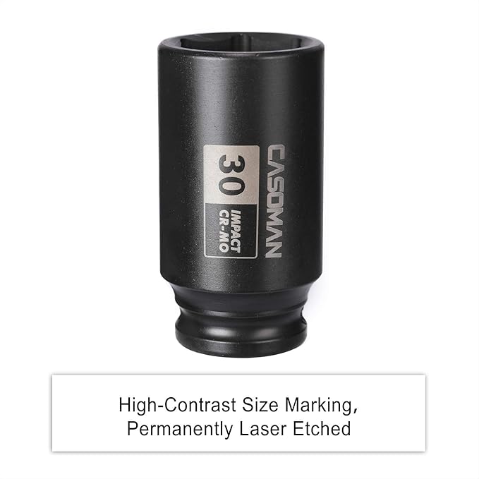 CASOMAN 1/2" Drive x 30 mm Deep 6 PT Impact Socket, CR-MO, 1/2-inch Drive 6 Point Axle Nut Socket for Easy Removal of Axle Shaft Nuts (30MM)