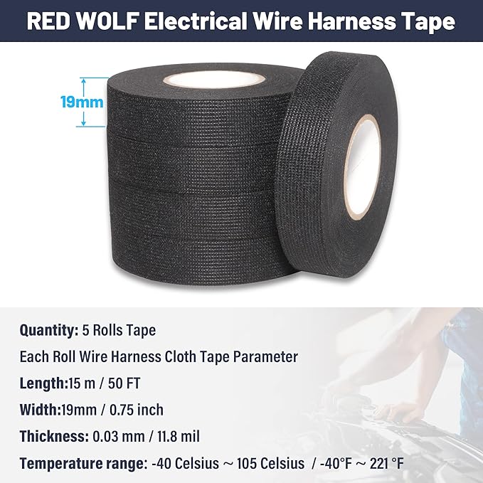 RED WOLF Wiring Harness Tape High Temp Wire Cable Loom Self-Adhesive Fabric Tape for Electrical Automotive Engine Harness Wrap Protection Noise Damping Cables Fixed 3/4 Inch x 50 FT 5 Rolls