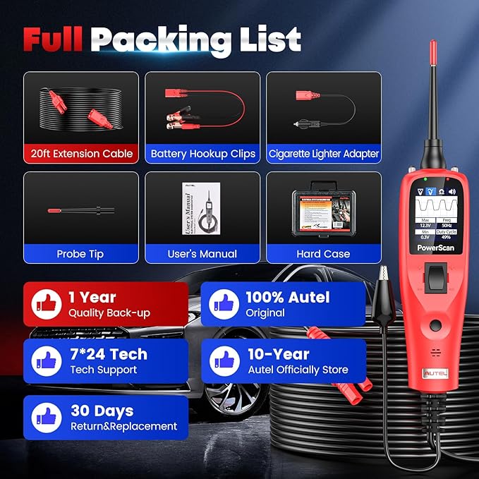 Autel PowerScan Automotive Circuit Tester, Power Circuit Probe Tool, 12-24V Electrical Short Open Breaker Circuit Finder, AC/DC Current Resistance, Duty Cycle, & 20FT Extension Cord, for 99% Cars