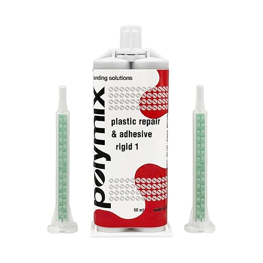Polymix Rigid Automotive Multipurpose Plastic Repair and Adhesive 50ml Cartridge & Two Application Mixing Nozzles (Black)