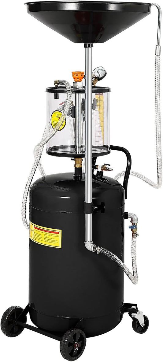 20 Gallon Waste Oil Drain Tank, Air Operated Portable Oil Drainer with Adjustable Funnel, Fluid Fuel Transfer Drainage with Wheels, Oil Change Container for Automotive Workshops