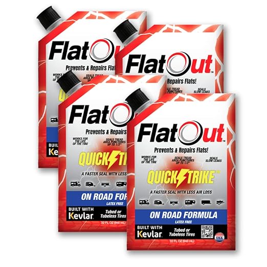 FlatOut QuickStrike Tire Sealant On-Road Formula - Prevent Flat Tires - Seal Leaks - Contains Kevlar - Tubeless Tire Sealant - Fast-Acting Formula - 32 Ounce Bag - Pack of 4