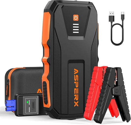 ASPERX 3000A Jump Starter for Car Battery, 12V Portable Jump Box with LED Light & Smart Jumper Cables, BMS for Up to 10.0L Gas or 8.0L Diesel Engines