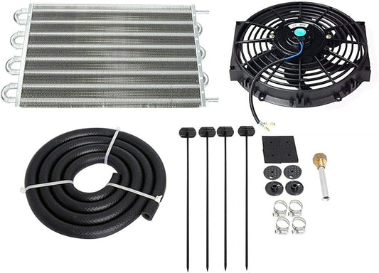 MAGQOO 8 Row Tube and Fin Transmission Cooler High Performance Aluminium Oil Cooler Kit w/ 10" Radiator Cooling Fan Universal