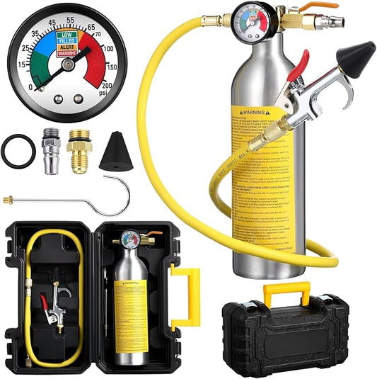 AC Flush Kit Air Conditioner System Flush Canister Kit AC Drain Line Cleaner Tool Conditioning Pipeline Cleaning Tool Set with Gauge, Air Fittings and Hose for Car Conditioner Pipe (Novel)