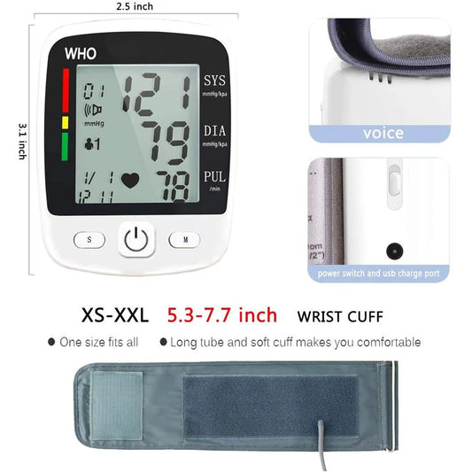 Digital Blood Pressure Monitor Wrist Tensiometer Electronic Sphygmomanometer  Tonometer with LCD, 2 X 90 Memory Rechargeable